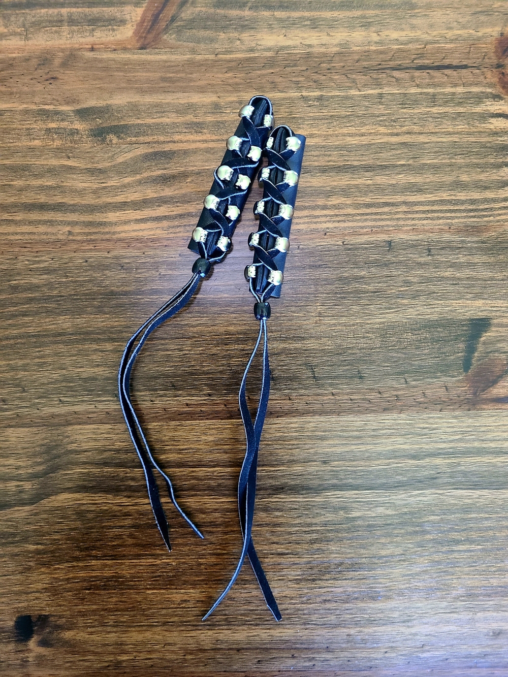 Black Leather Lace-Up Hair Wrap with Silvwr Eyelets (Pair)
